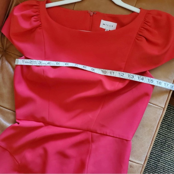 Milly Gather Short Sleeve Italian Cady Lipstick Red Mini Dress - Picture 9 of 10